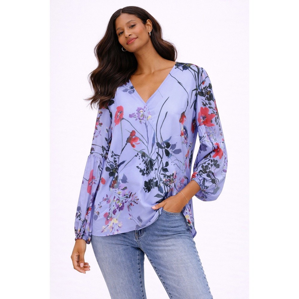 Yumi‎ Kim- Teal blue with pink flowers long sleeve v neck blouse Size L